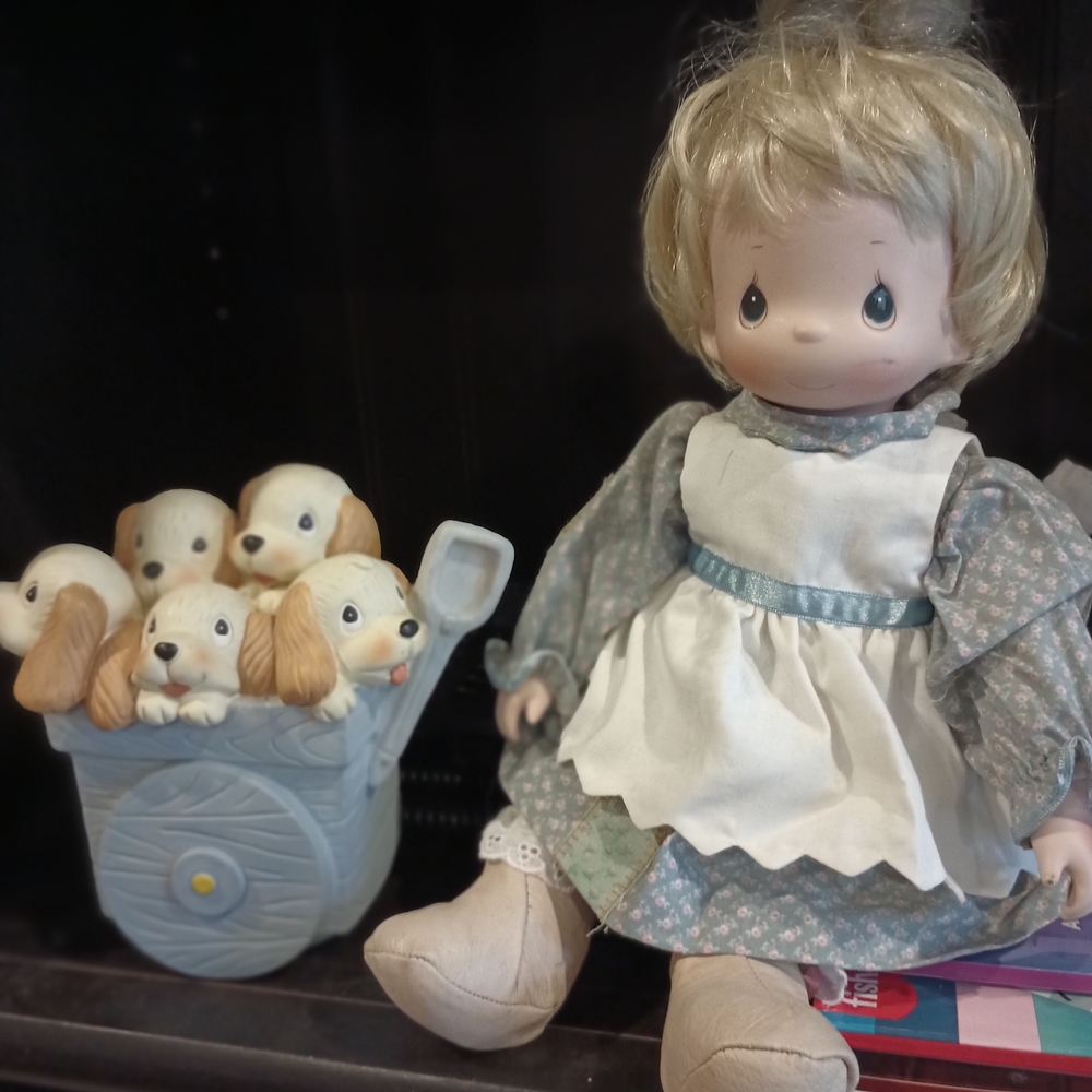 Precious Moments Doll with Blue Dress and Puppies